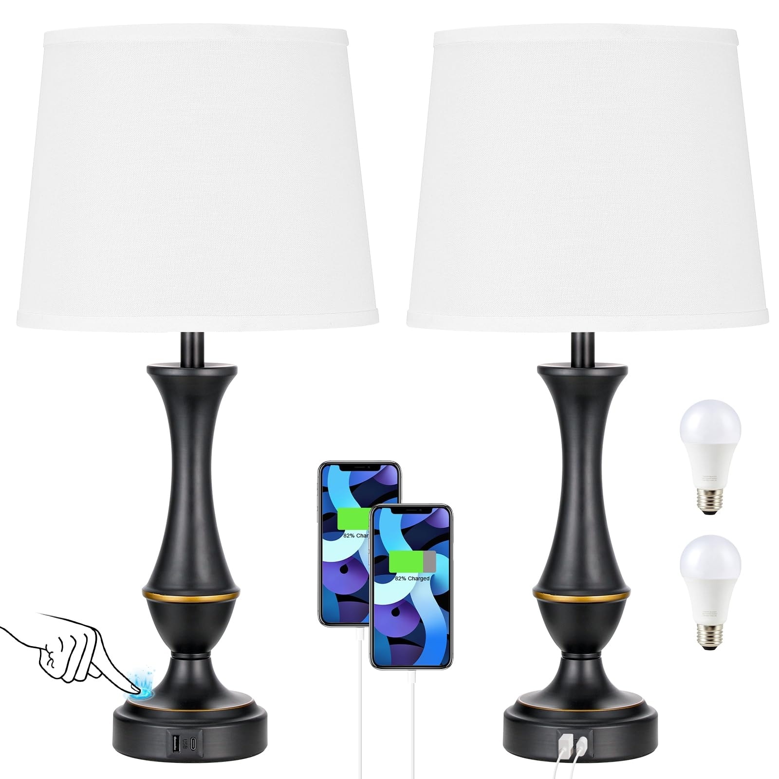 Touch Lamps for Bedrooms Set of 2 Nightstand Table Lamp with USB C A 3 Way Dimmable Bedside Lamps for Living Room Set of 2 White